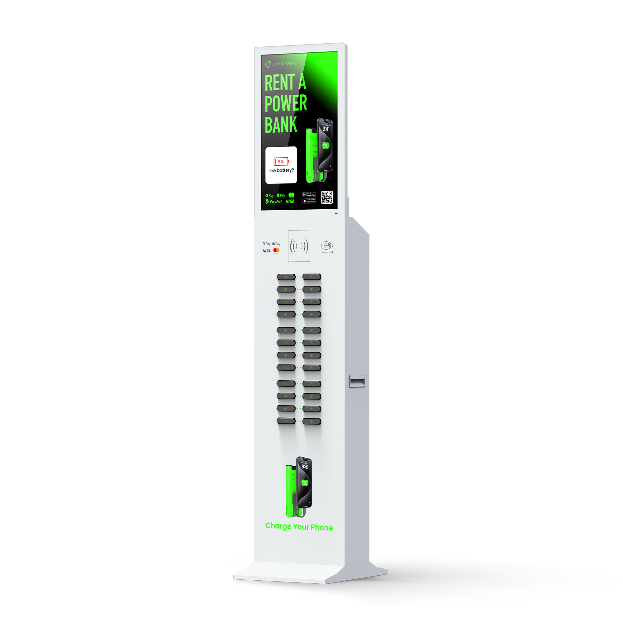 Power bank rental and phone charging kiosk